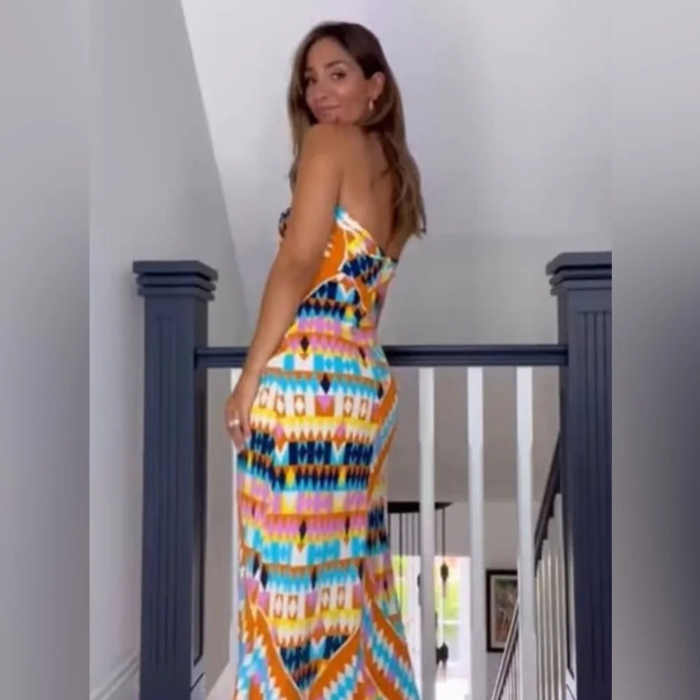 Zara Geometric Printed Strappy Halter Midi Dress NWOT Size Medium Blogger Fav - Picture 5 of 12